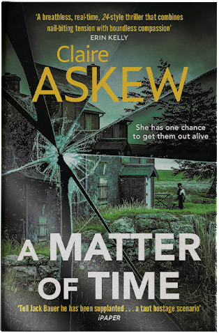 The cover of A Matter of Time shows a figure dressed in a police uniform standing outside a ruined house, viewed as though through shattered glass.