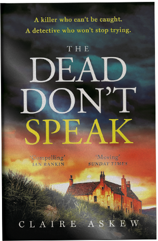 The cover of The Dead Don't Speak shows a Scottish-looking building with a crow-stepped roof rising above sand dunes in the foreground.
