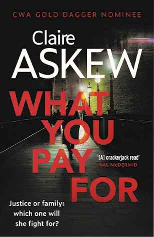 The cover of What You Pay For shows a silhouetted female figure walking at night towards Edinburgh's Playfair Steps, a steep flight of stone steps.